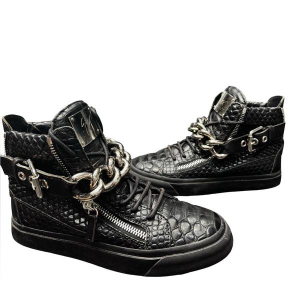 Giuseppe Zanotti Mens Croc Gold Chain High Top Sneakers 39 Black Italy Zippers